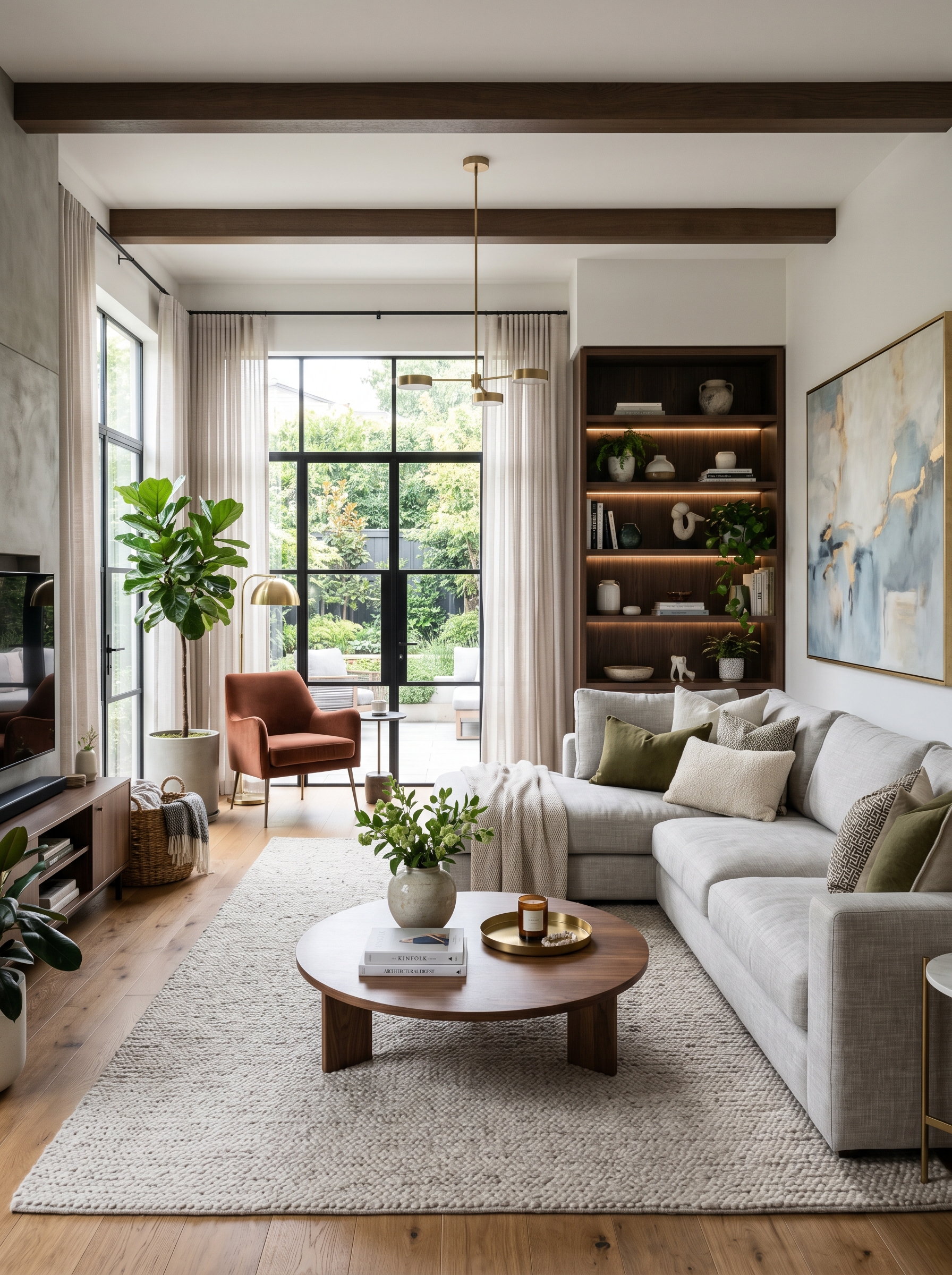 Warm-toned living room featuring built-in shelving and a stone fireplace surround